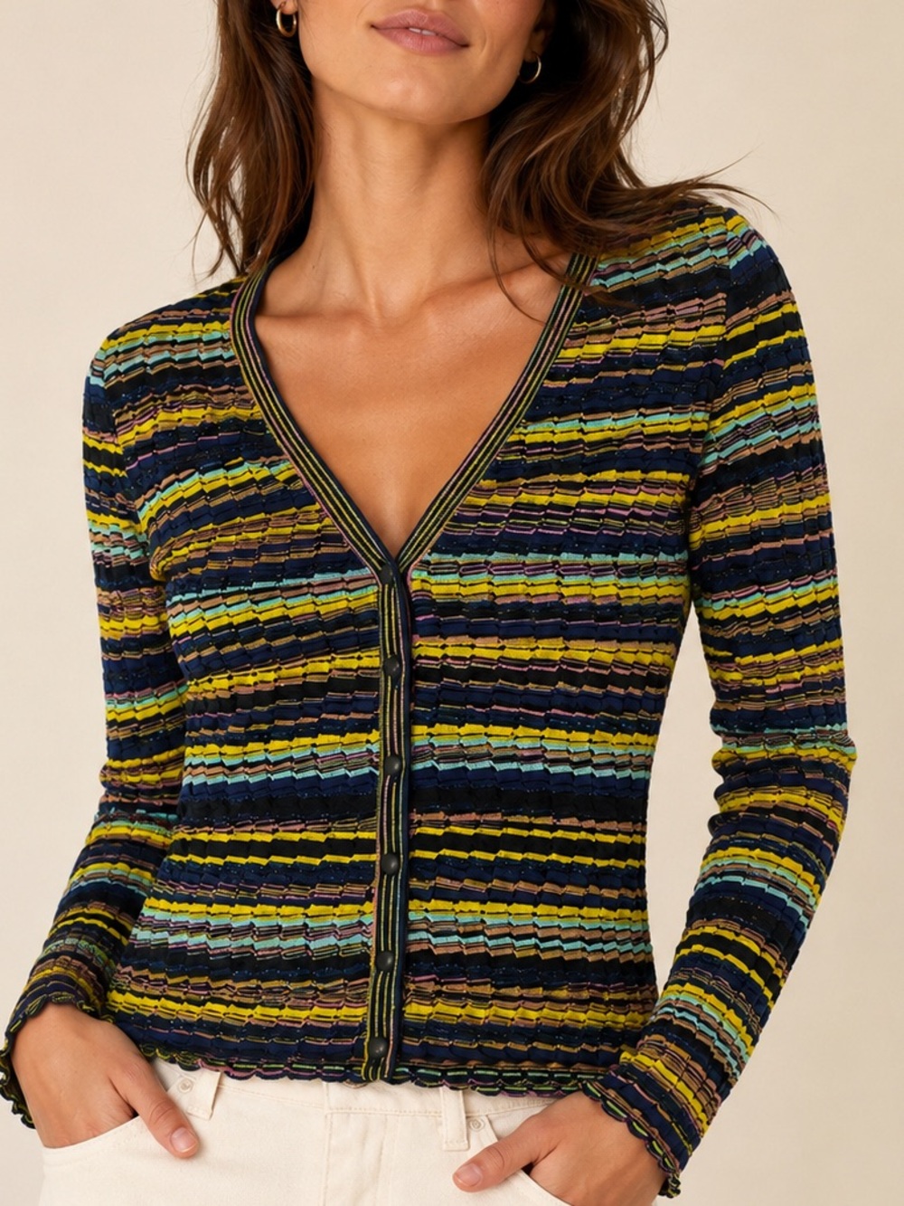 M by Missoni Striped V-Neck Cardigan Size S Multi Color Metallic Made In Italy